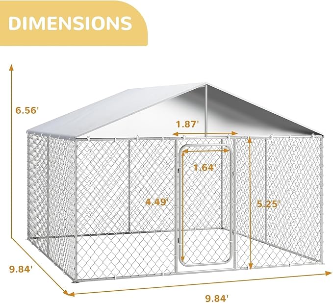 Outdoor Dog Kennel with Cover, Large Dog Run Fence House Big Cage Pen Enclosure, Heavy Duty Dogs Play Cage Pen Kennel (118" L x 118" W x 83" H)