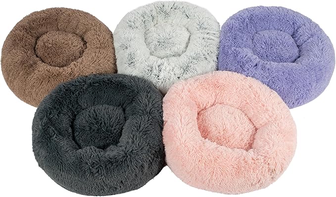 Best Pet Supplies Round Donut Dog Bed with Plush Faux Fur Fabric, Calming, Anti-Anxiety Cushion for Indoor Pets, Slip-Resistant Base, Soft Ergonomic Support - Gray, 24x24x7''