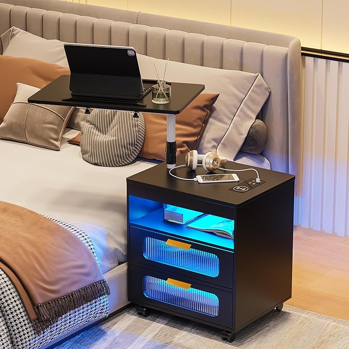 HNEBC Nightstand Set of 2, LED Nightstand with Wireless Charging Station/USB Ports,Smart Nightstand Has Adjustable Rotary Workstation with 2 Drawers,Modern Bedside Table for Bedroom Furniture(Black)