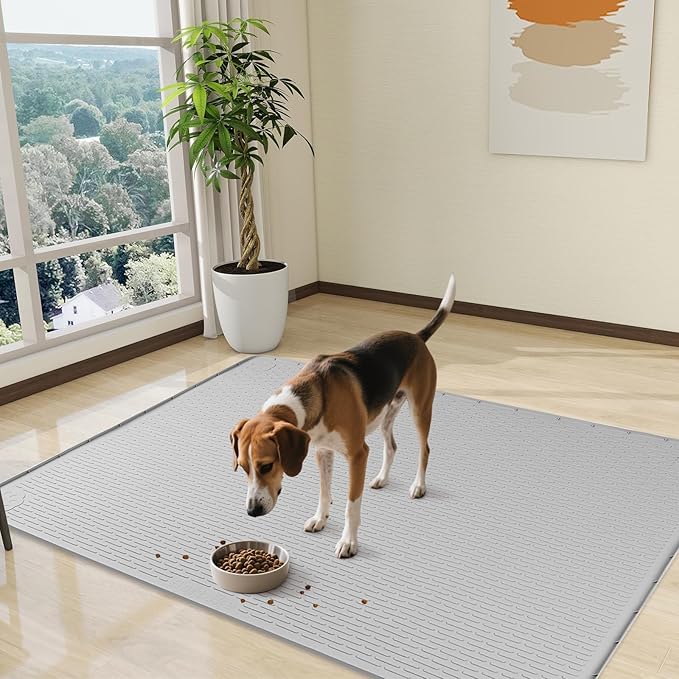 Dog Food Mat, Extra Large 50" x 35" Silicone Pet Feeding Mat with Raised Edge Pet Placemat for Small, Medium, and Large Pets Non-Slip, Easy to Clean (Grey)