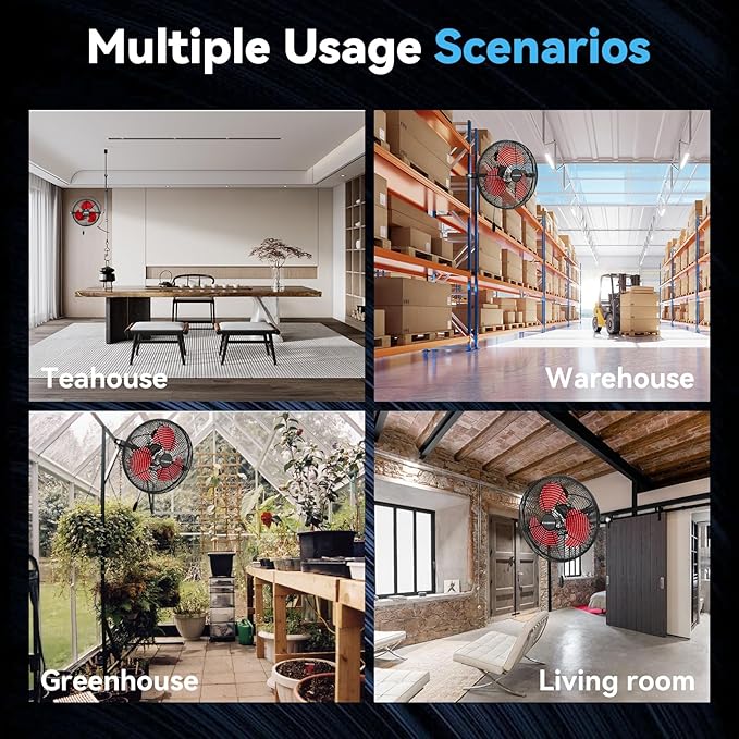 12 IN High Velocity Wall Mount Fan, 3 Speed Industrial Wall Fan with Sealed Motor, 2500 CFM Adjustable Air Circulator for Garage, Commercial, Greenhouse, Warehouse & Gazebo Use, UL Listed