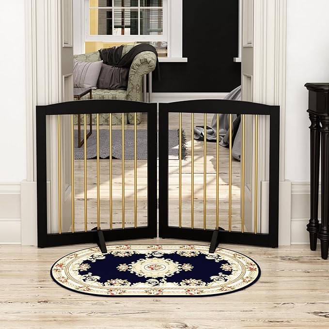 Freestanding Pet Gate for Dogs, Foldable Wooden Dog Gate for House, Stairs, Doorways, Step Over Pet Puppy Safety Fence,Support Feet Included,24" Height 2 Panels, Black&Gold