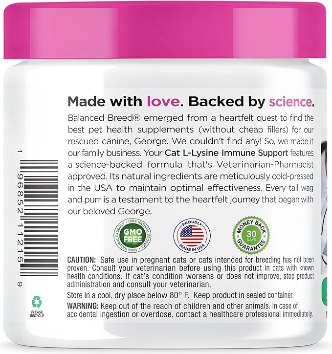 Balanced Breed L-Lysine Cats Immune Support Soft Chews Made in USA Vet-Pharmacist Approved Seasonal Allergy Relief Cat Vitamins Indoor Cats Supplements Krill Oil Asthma Relief Cat Lysine Treats NonGMO