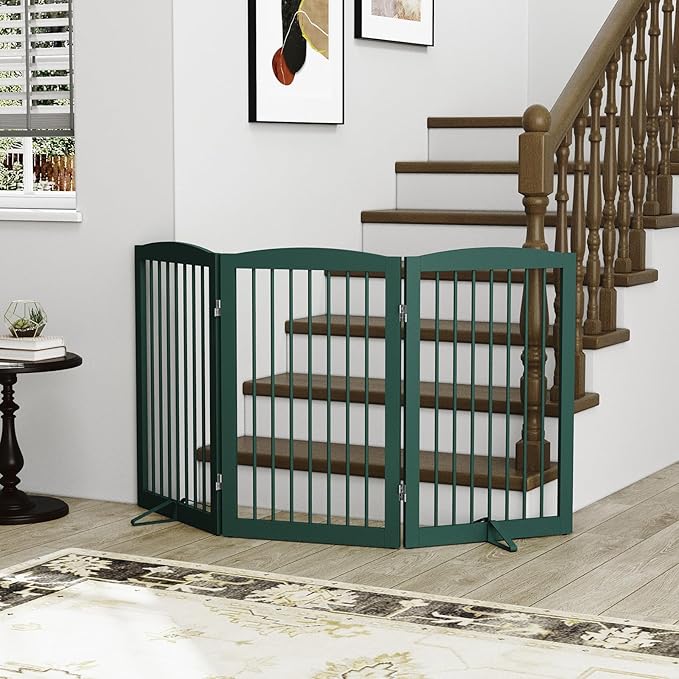 Freestanding Pet Gate for Dogs, Foldable Wooden Dog Gate for House Indoor, Step Over Pet Puppy Safety Fence for Stair, Doorway,Hall, Support Feet Included,3 Panels 32",Green