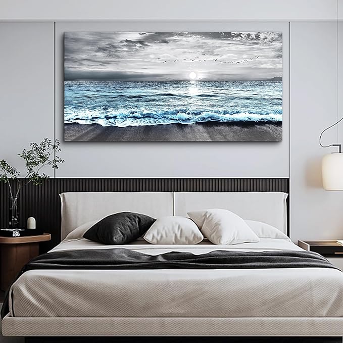 Lapremoly Large Canvas Wall Art For Living Room Wall Decor For Bedroom Office Wall Decorations Black And White Beach Wall Painting Blue Ocean Sea Wave Pictures Stretched and Framed Modern Artwork