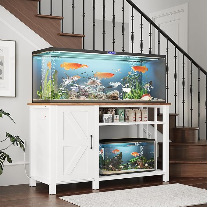 55-75 Gallon Aquarium Stand with Power Outlet, Heavy Duty Fish Tank Stand with Cabinet Storage & Adjustable Shelf, for Fish Tank, Turtle Tank, Reptile Terrarium, 1000LBS Capacity, White