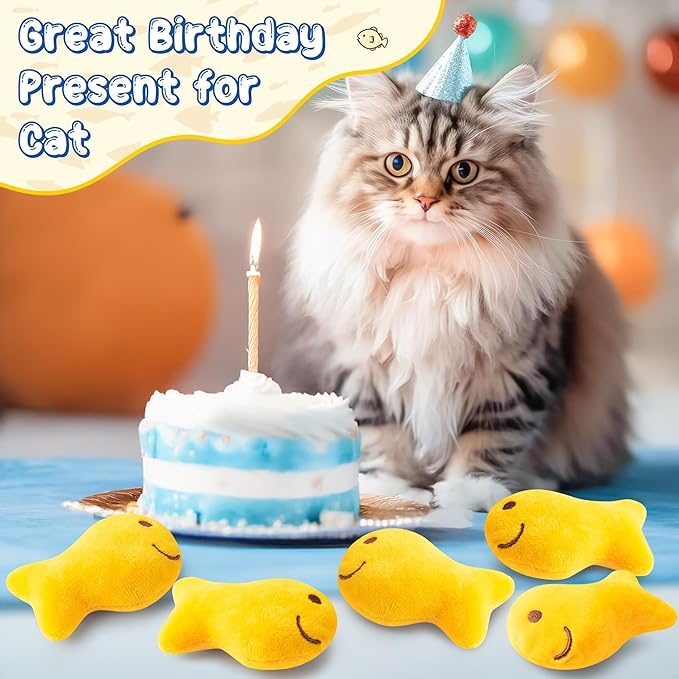 L1rabe Goldfish Cracker Catnip Stuffed Toys - Summer Black Cat Appreciation Day 5P Goldfish Cat Toys Funny Yellow Indoor Cats Chew Bite Teething Tools Kittens Birthday Gifts Interactive Pet Supplies