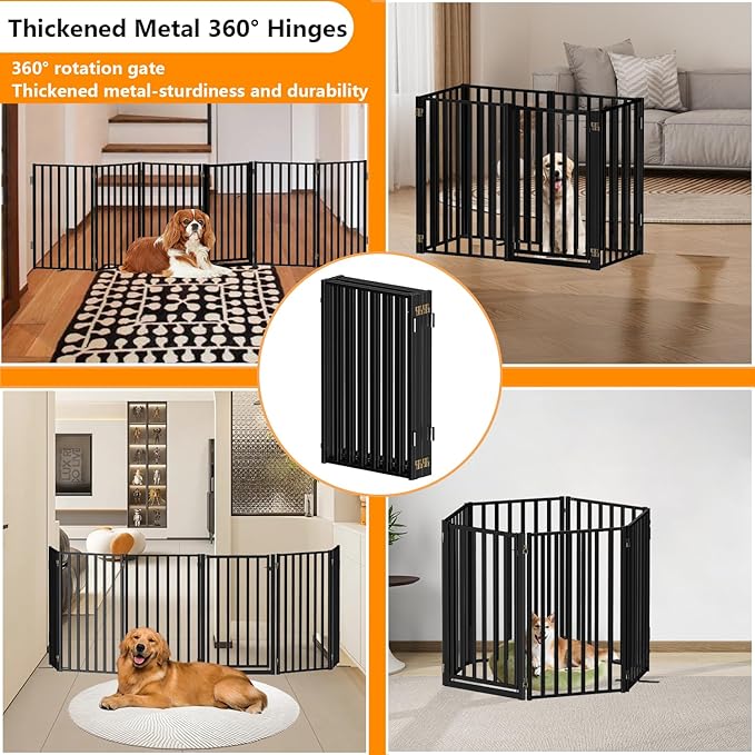 Portable Dog Fence with Door for Indoor Outdoor Use, Free Standing Dog Gate Foldable Design, Metal Black 32" Tall, Expandable 6 Panels Use for Yard, Stairs, Front