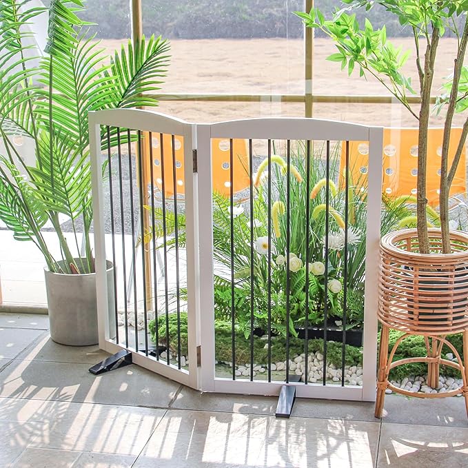 ZJSF Freestanding Panel Dog Gate for Indoor, Doorways,Stairs, or Hallways,Foldable Wooden White Pet Gates for House,Pet Gate for Dogs,Dog Fence, Puppy Gate,Support Feet Included, 32 "Height-2 Panels