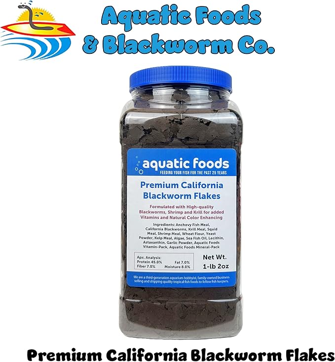 Aquatic Foods Inc. California Blackworm 45% Protein Premium Flakes for Discus, Cichlids, All Tropical Fish Also Pellet Mix, Wafer Mix Included…1-lb 2oz