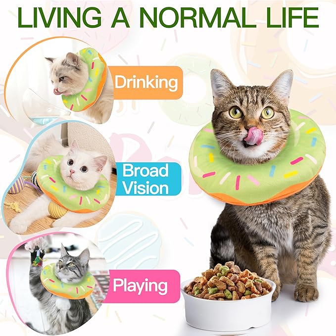 Cat Cone Collar Soft, Cute Cat Donut Collar After Surgery, Adjustable Kitten Recovery Cones to Stop Licking, Lightweight Neck Elizabethan Collars for Cats Kittens (Green, Medium)