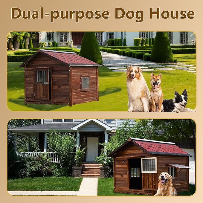 Luxury Dog House Outdoor&Indoor Weatherproof, Wooden Dog House for for Garden Backyard, Natural Pine Wood Pet House Outside, Waterproof Dog Kennel, XL