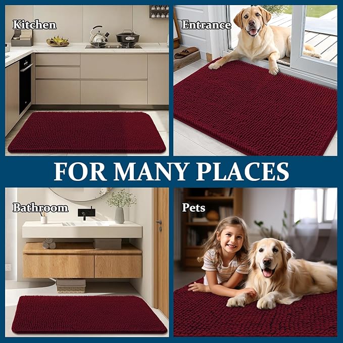 OLANLY Dog Door Mat for Muddy Paws 59x35, Absorbs Moisture and Dirt, Absorbent Non-Slip Washable Doormat, Quick Dry Chenille Mud Mat for Dogs, Entry Indoor Entryway Carpet for Inside Floor, Burgundy
