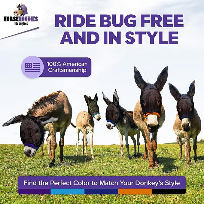 Donkey Fly Mask with Long Ears (Black) Made in USA - Mule Fly Mask with Ears Protection from Insects and Bugs, Mini Donkey Soft Mesh Fabric with Adjustable Fastener, Face Cover Supplies for Donkeys