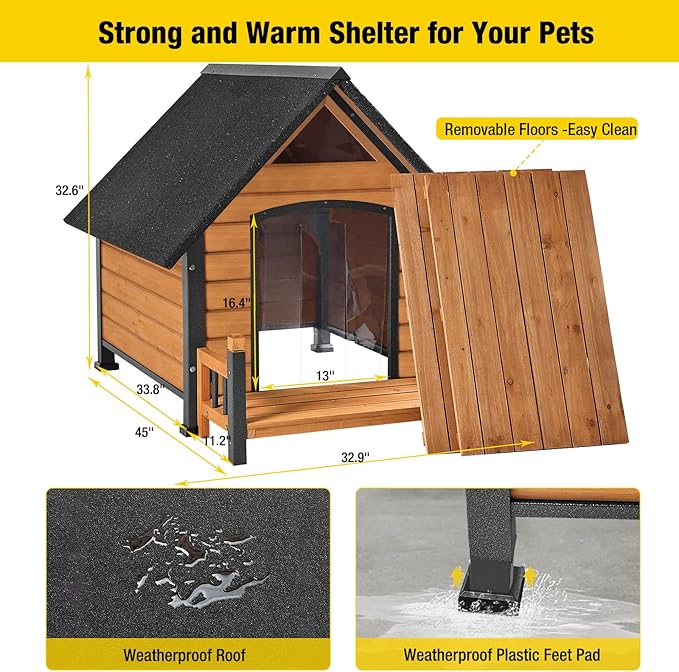 Outdoor Dog House, Waterproof Puppy Shelter Indoor Doghouse with Elevated Floor, Anti-Bite Design Dog Home for Small Medium Dogs with Porch
