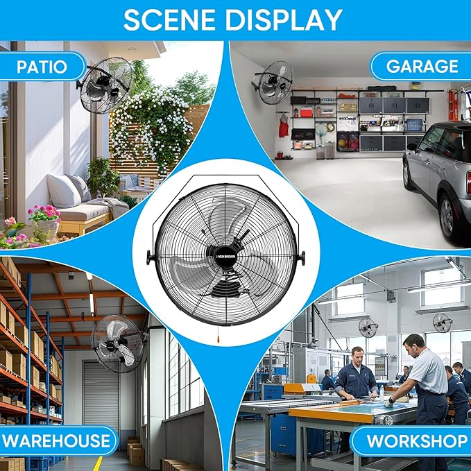 KEN BROWN 18 Inch Industrial Wall Mount Fan, 4300 CFM Metal Heavy Duty Fan, 3-Speeds High Velocity Oscillating Fans for Patios, Shop, Greenhouse, Garage, Commercial, Gazebo