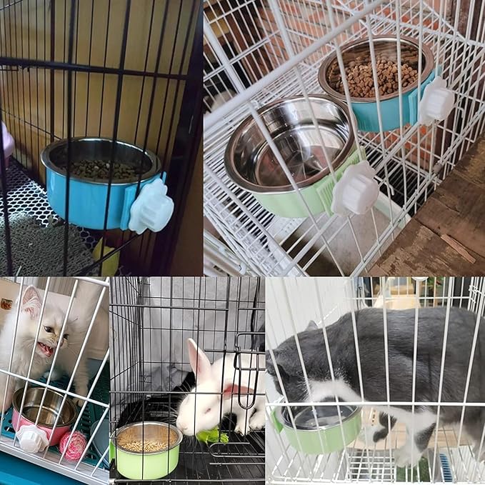 kathson Crate Dog Bowl, Removable Stainless Steel Hanging Pet Kennel Cage Bowl Food & Water Feeder Coop Cup for Puppy, Cat, Rabbit,Guinea Pigs 2pcs (Blue,Green)