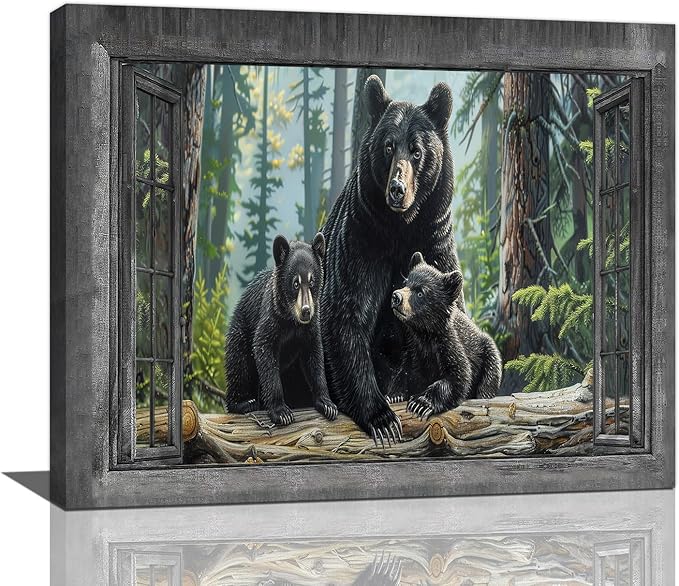 Black Bear Wall Art Forest Window Canvas Cabin Living Room Pictures Prints Animal Wall Decor Painting Artwork for Bedroom Dining Office Home 20"x16"