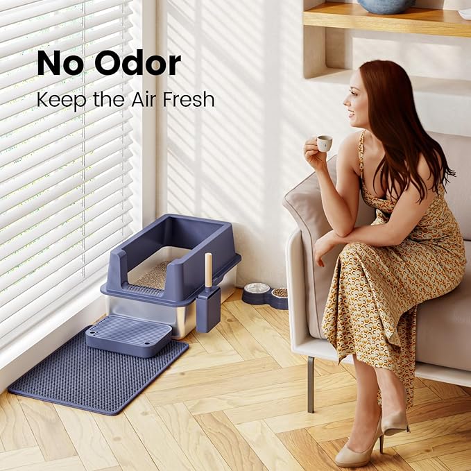 Stainless Steel Cat Litter Box - Enclosed XL Metal Kitty Litter Box with Lid for Big Cats, High Sided, Anti-Leakage, Easy Cleaning, Non-Sticky, Included Litter Mat, Cat Bowl & Spoon