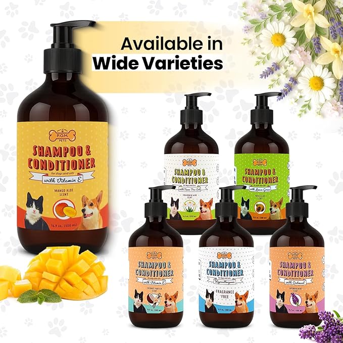 POM Pets 2-in-1 Organic Dog Shampoo & Conditioner – Itchy Skin Relief, Dog Deshedding, Detangles Fur, Cat Shampoo, Paw Cleaner for Dogs, Natural Coat Defense Formula