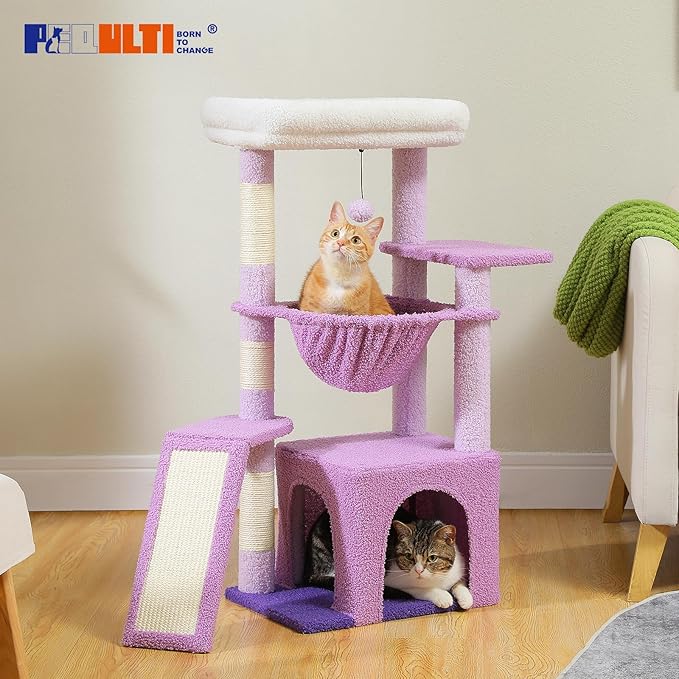 PEQULTI 36.5'' Cat Tree for Indoor Cats, Small Cat Tower with Large Cat Condo, Scratching Posts, Cozy Hammock and Scratching Ladder for Kittens, Purple
