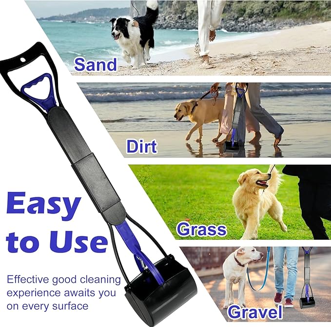 Pooper Scooper with Bags, 28" Long Handle Dog Poop Scooper for Large Medium Small Dogs, Durable Spring and High Strength Material Foldable Waste Pickup Tool for Easy Grass and Gravel Pick Up, Blue