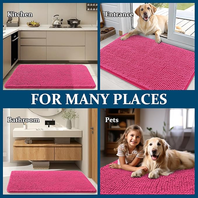 OLANLY Dog Door Mat for Muddy Paws 34x21, Absorbs Moisture and Dirt, Absorbent Non-Slip Washable Doormat, Quick Dry Chenille Mud Mat for Dogs, Entry Indoor Entryway Carpet for Inside Floor, Hot Pink