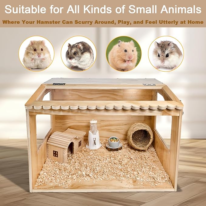 Wooden Hamster Cage, 24" Lx16 Wx16 H,Guinea Pig Cage, Small Animal Cage for Dwarf Syrian Hamsters Degus Mice & Other Small Pets. Hamster Habitat with Openable Top and Large Acrylic Sheets