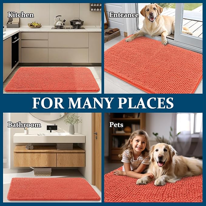 OLANLY Dog Door Mat for Muddy Paws 24x16, Absorbs Moisture and Dirt, Absorbent Non-Slip Washable Doormat, Quick Dry Chenille Mud Mat for Dogs, Entry Indoor Entryway Carpet for Inside Floor, Coral