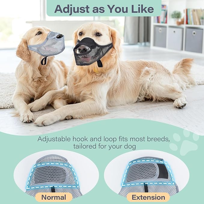 LUCKYPAW Dog Muzzle for Large Medium Small Dogs, Patented Mesh Muzzle to Prevent Biting Chewing Eating, Soft Mouth Guard with Front Opening Design for Drinking Panting(Grey, S)