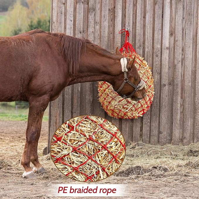 Fabbay 4 Pcs Slow Feed Hay Net Feeder Hay Bag for Horses Slow Feeder 40 Inch Length with 2 Inch Holes Hanging Horse Feed Net for Goat Cattle Equine Stalls Barn Supplies(Red)
