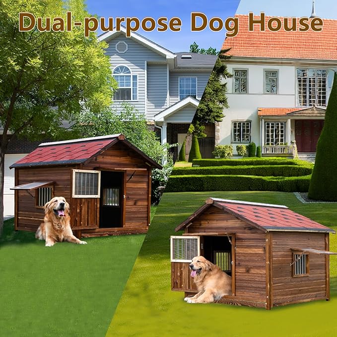 Outdoor Dog House, Solid Pine Wood Dog House with Waterproof Roof, Small Pet House with Elevated Floor and Window for Small Medium Dog, L
