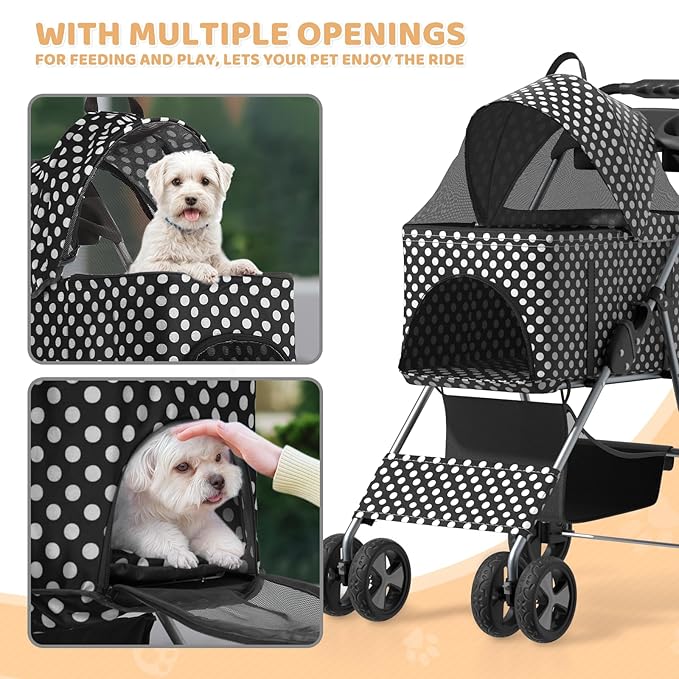 Magshion Foldable Pet Stroller, 3-in-1 Dog Travel Jogger with Detachable Carrier, Cup Holder, Storage Basket, Folding Carrier for Small/Medium Dogs & Cats Up to 33 lbs, Black Polka Dots