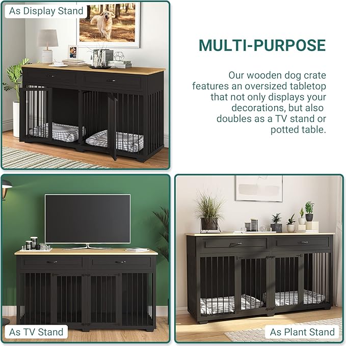 Large Dog Crate with Double Rooms, 72" Heavy Duty Wooden Dog Cage Furniutre Dog Crate Kennel w/Drawers & Removable Divider,Indoor Luxury Dog House for Large Dogs,Black