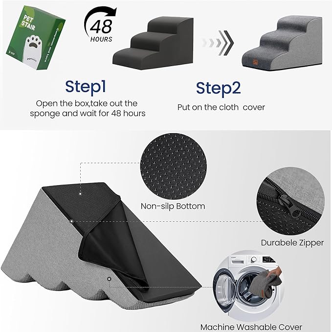 GoGoBunny Ramp Dog Stairs for High Beds 22.6" H, 5-Step Dog Slope Stairs with Durable Waterproof Fabric Cover, Pet Steps for Old Large Dogs Climbing, Non-Slip Sturdy Indoor Step, Grey