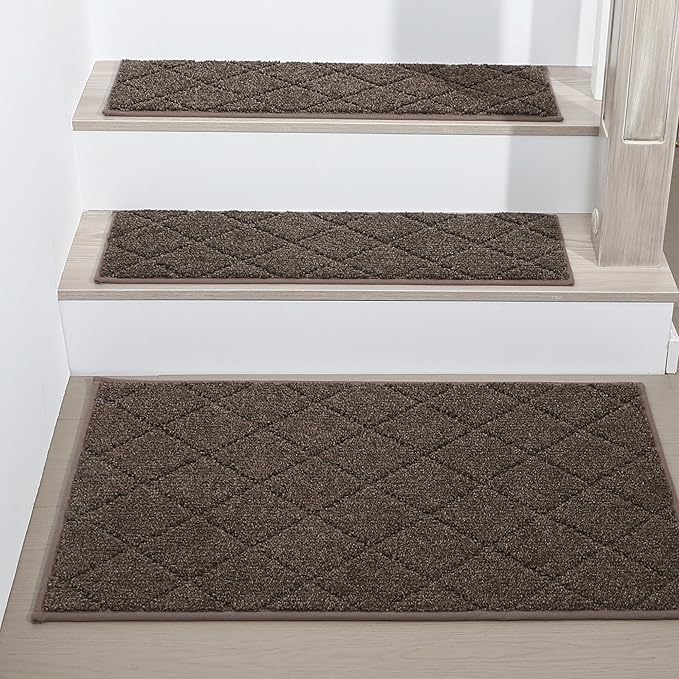 COSY HOMEER Edging Stair Treads Non-Slip Corner Indoor Stair Runners for Wooden Steps,Landing Slip Resistant Stair Rugs for Kids and Dogs, 100% Polyester TPE Backing,Brown,20"X32"