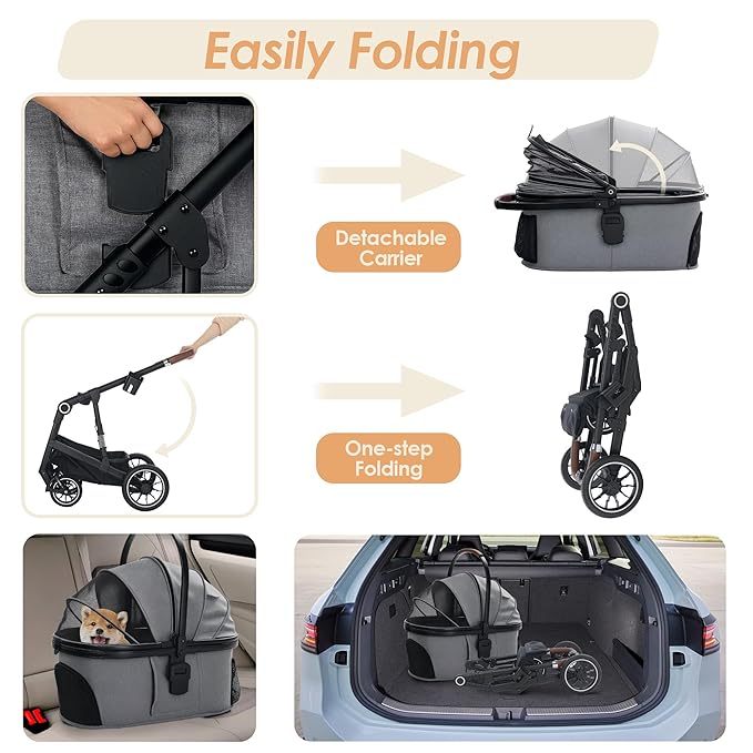 Pet Stroller with 4 Wheels, 3 in 1 Folding Puppy Strollers for Small/Medium Dogs Cats up to 50lbs, Lightweight Pet Travel Carrier with Detachable Cushion, Storage Basket and Cup Holder, Gray
