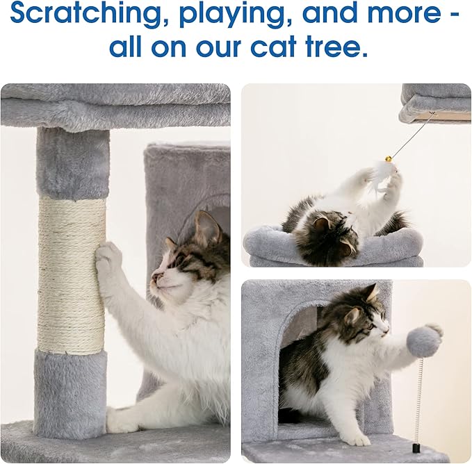 MWPO 70.1-Inch Large Cat Tree, Multi-Level Tall Cat Tower for Indoor Cats, Plush Cat Condo with Big Padded Perches, Sisal-Covered Scratching Posts, Hammock, Toys for Kittens & Cats - Light Grey