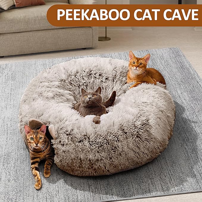 Cat Tunnel with Cat Bed for Indoor Cats, Soft Plush Peekaboo Cat Cave Donut Tunnel, Multifunctional Playground Toys Hideplace for Small Medium Large Kittens, Rabbit, Ferret, Brown