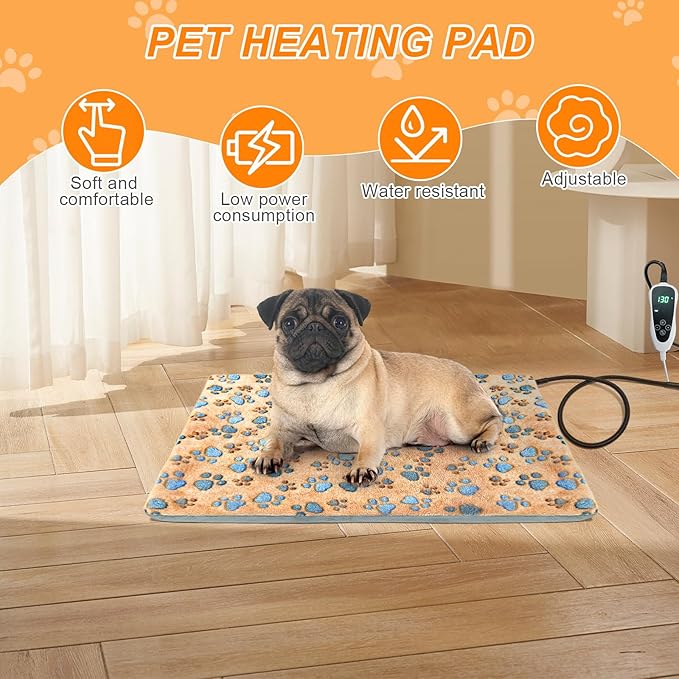 Dog Heating Pad,28×18 in Waterproof PVC Pet Heating Pad, Adjustable Thermostat+Constant On Function, Metal Protective Tube Comes with a Plush Cotton Sleeve,Whelping Box-Apricot