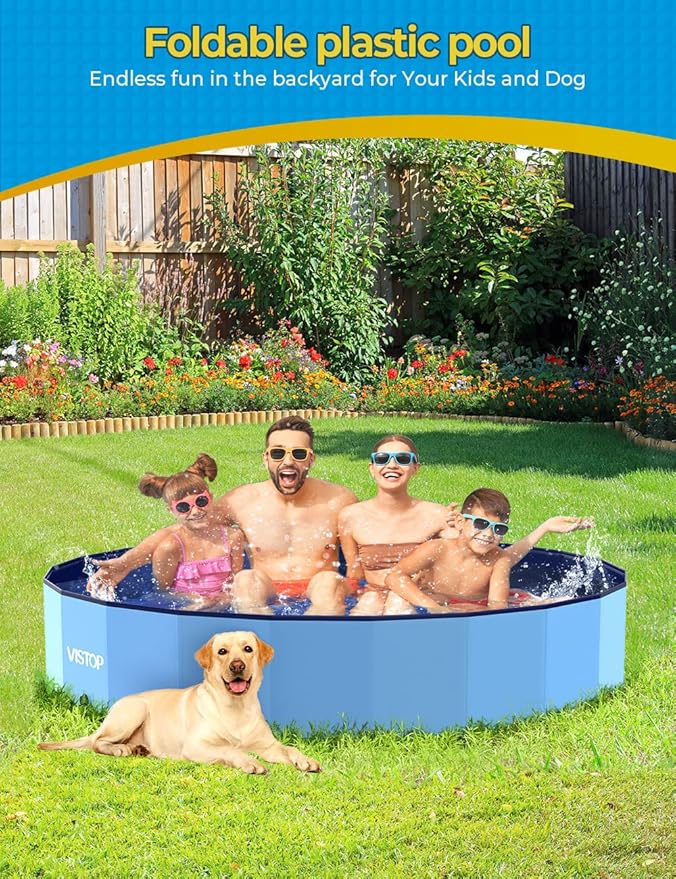 VISTOP Jumbo Foldable Dog Pool, Hard Plastic Shell Portable Swimming Pool for Dogs Cats and Kids Pet Puppy Bathing Tub Collapsible Kiddie Pool (97inch.D x 15.7inch.H, Blue)