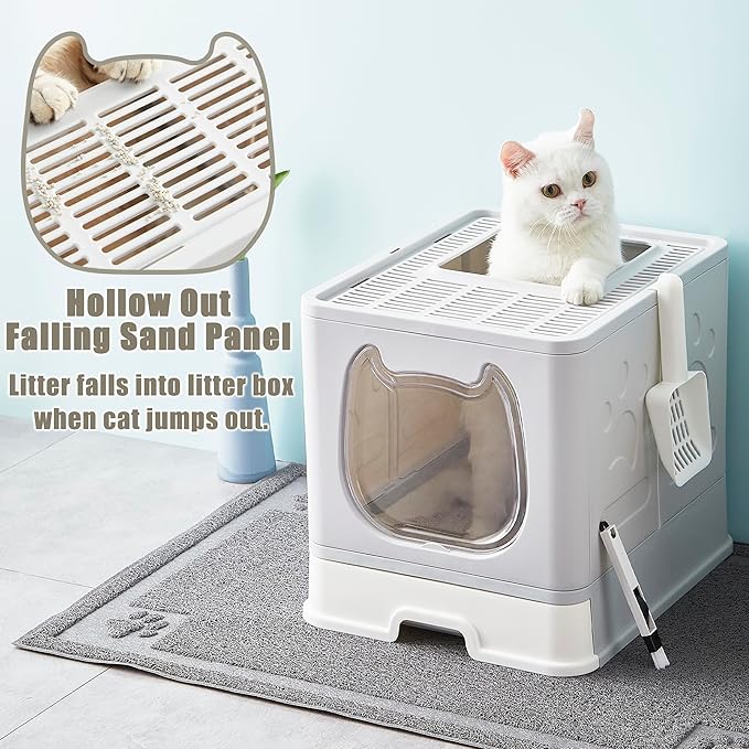 Gefryco Litter Box with Lid for Small to Medium Cats, Enclosed Cat Litter Box with Cover,High Sided Top Entry Cat Box with Brush and Scoop, Cute Kitty Litter Pan with Drawer for Growing Kittens(Grey)