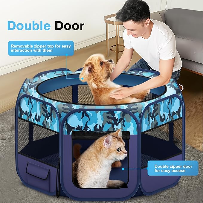 Dog Playpen, Pet Playpen, Portable Cat Playpen, Foldable Puppy Playpen Exercise Kennel Tent with Carry Case Collapsible Bowl,Water-Resistant Shade Cover for Indoor Outdoor Travel (Bule,Medium)