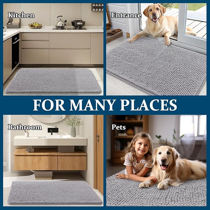 OLANLY Dog Door Mat for Muddy Paws 70x24, Absorbs Moisture and Dirt, Absorbent Non-Slip Washable Doormat, Quick Dry Chenille Mud Mat for Dogs, Entry Indoor Entryway Carpet for Inside Floor, Light Grey