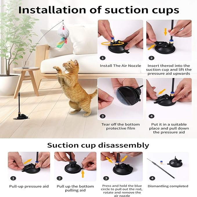 4-in-1 Interactive Cat Feather Toys with Durable Retractable Fishing Pole, Enhanced Suction Cup Toy, Door Hanging Teaser Toy and 11 Attachments Replacements for Bored Indoor Adult Cats