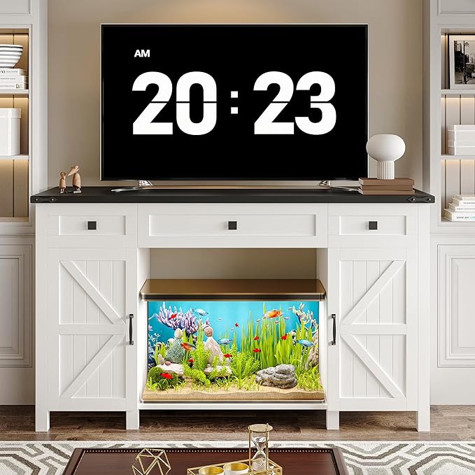 55-75 Gallon Aquarium Stand With Charging Station, Farmhouse Fish Tank Stand, Reptile Tank Stand Terrarium Stand with Drawer and Cabinet Storage, Sturdy Heavy Duty 53.5"×19.7" Tabletop - White