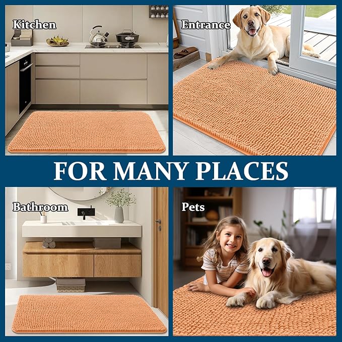 OLANLY Dog Door Mat for Muddy Paws 30x17, Absorbs Moisture and Dirt, Absorbent Non-Slip Washable Doormat, Quick Dry Chenille Mud Mat for Dogs, Entry Indoor Entryway Carpet for Inside Floor, Orange