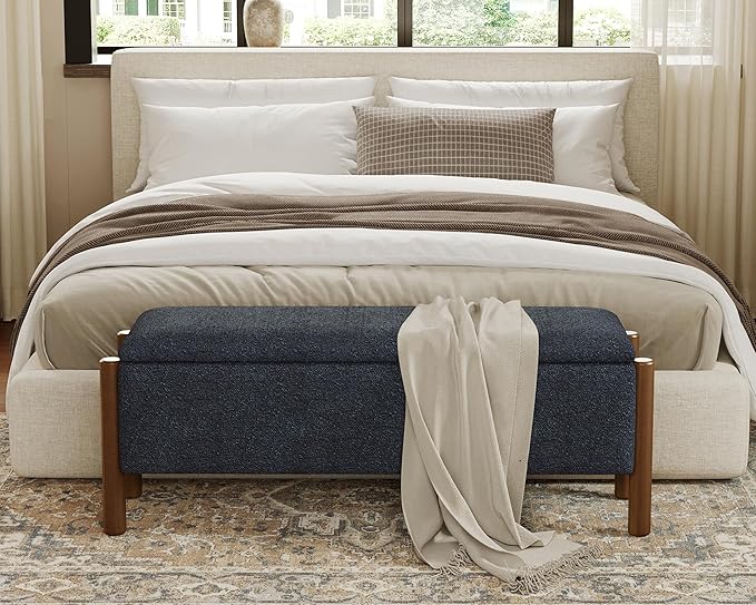 Storage Ottoman Bench, End of Bed Bench for Bedroom, 47" Boucle Upholstered Entryway Shoe Seat Bench, Holds up to 660 lb Storage Ottoman, Padded Blanket Chest Stool Foot Rest for Living Room Blue