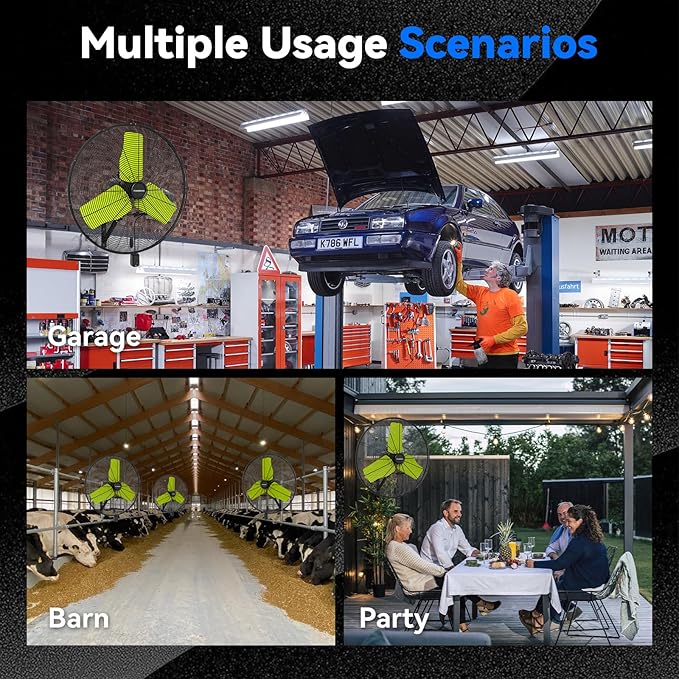 Pro 9500 CFM 24" Outdoor IP44 Waterproof Wall Mount Fan, 3-Speed Oscillating Metal Fans with Enclosure Motor, Heavy Duty Wall Fan for Patio, Warehouse, Garage, and Jobsite