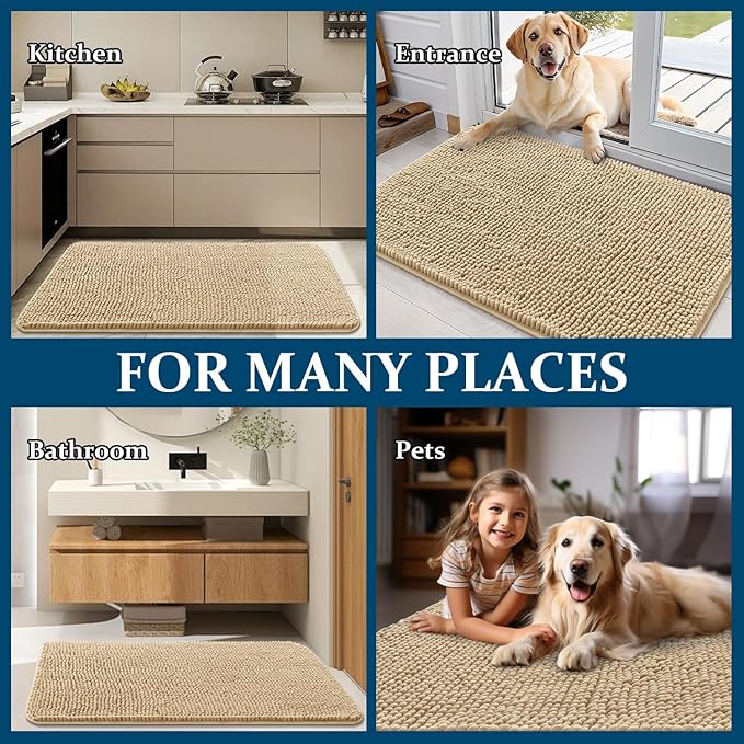OLANLY Dog Door Mat Set 4-Piece 30x20, Absorbs Moisture and Dirt, Absorbent Non-Slip Washable Doormat, Quick Dry Chenille Mud Mat for Dogs, Entry Indoor Entryway Carpet for Inside Floor, Beige